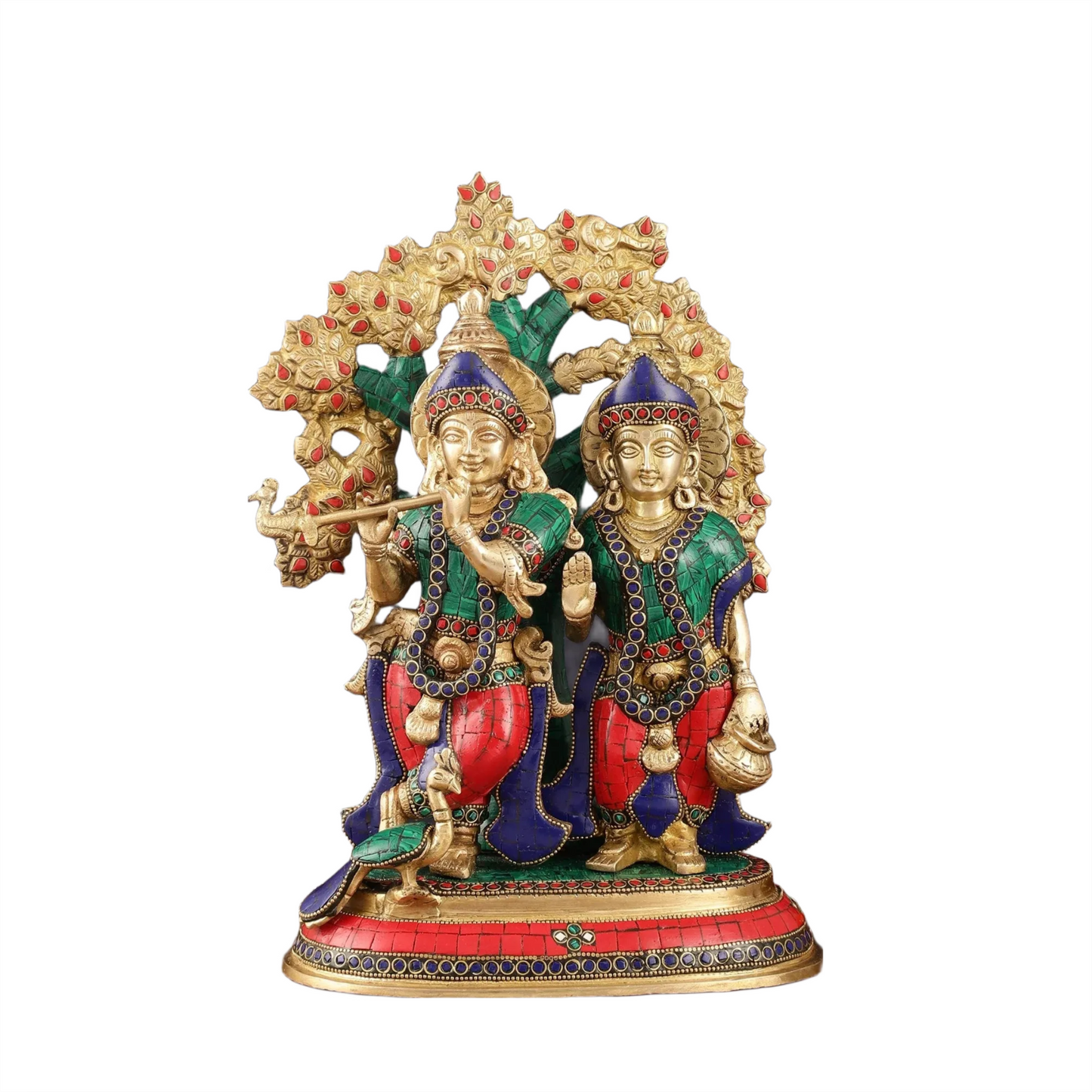 Brassaura™ Pure Superfine Brass Radha Krishna Idols with Kalpavriksha & Peacock – 14 Inch Height, 8.5 Kg Pair | Intricate Meenakari Stonework