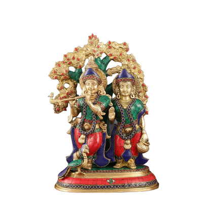 Brassaura™ Pure Superfine Brass Radha Krishna Idols with Kalpavriksha & Peacock – 14 Inch Height, 8.5 Kg Pair | Intricate Meenakari Stonework
