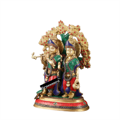 Brassaura™ Pure Superfine Brass Radha Krishna Idols with Kalpavriksha & Peacock – 14 Inch Height, 8.5 Kg Pair | Intricate Meenakari Stonework