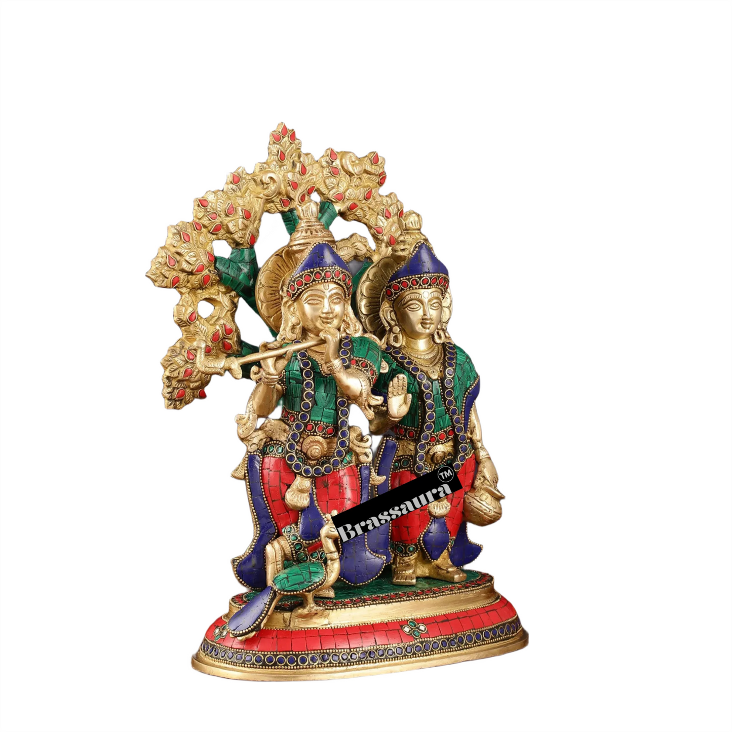 Brassaura™ Pure Superfine Brass Radha Krishna Idols with Kalpavriksha & Peacock – 14 Inch Height, 8.5 Kg Pair | Intricate Meenakari Stonework