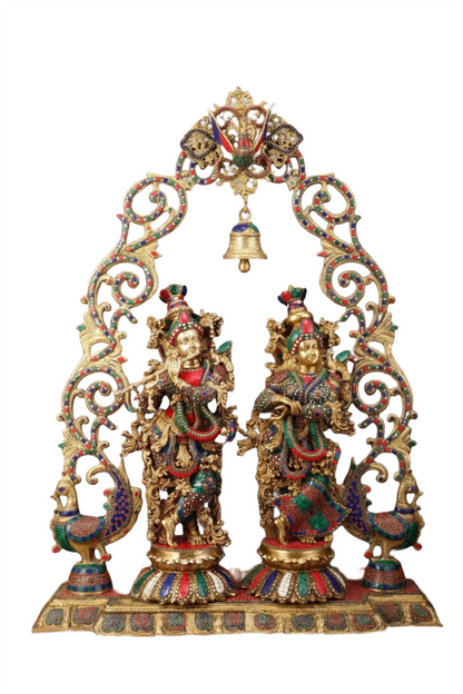 Brassaura™ Majestic Brass Radha Krishna with Peacock Temple Arch – 45 Inch Height, 72 Kg | Exquisite Meenakari Work