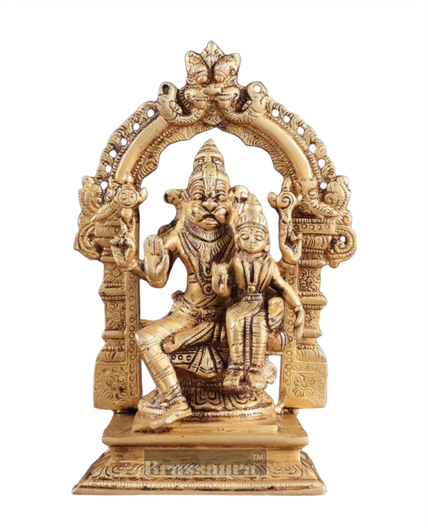 Brassaura™ Pure Brass Lord Narasimha with Goddess Lakshmi Statue – 7.8 Inch Height, 1.8 kg Weight | Sacred Hindu Idol for Home & Temple