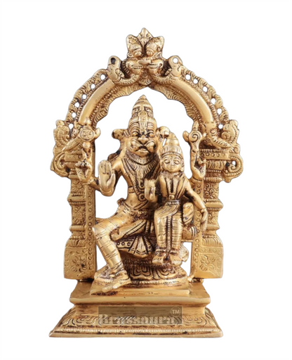 Brassaura™ Pure Brass Lord Narasimha with Goddess Lakshmi Statue – 7.8 Inch Height, 1.8 kg Weight | Sacred Hindu Idol for Home & Temple