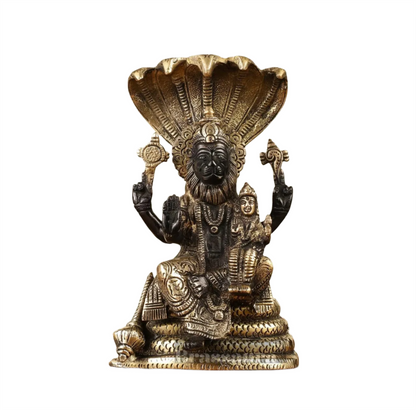 Brassaura™ Pure Brass Lord Narasimha with Goddess Lakshmi Statue – 8 Inch Height, 2.2 kg Weight | Black Gold Finish | Handcrafted Hindu Idol for Home & Temple