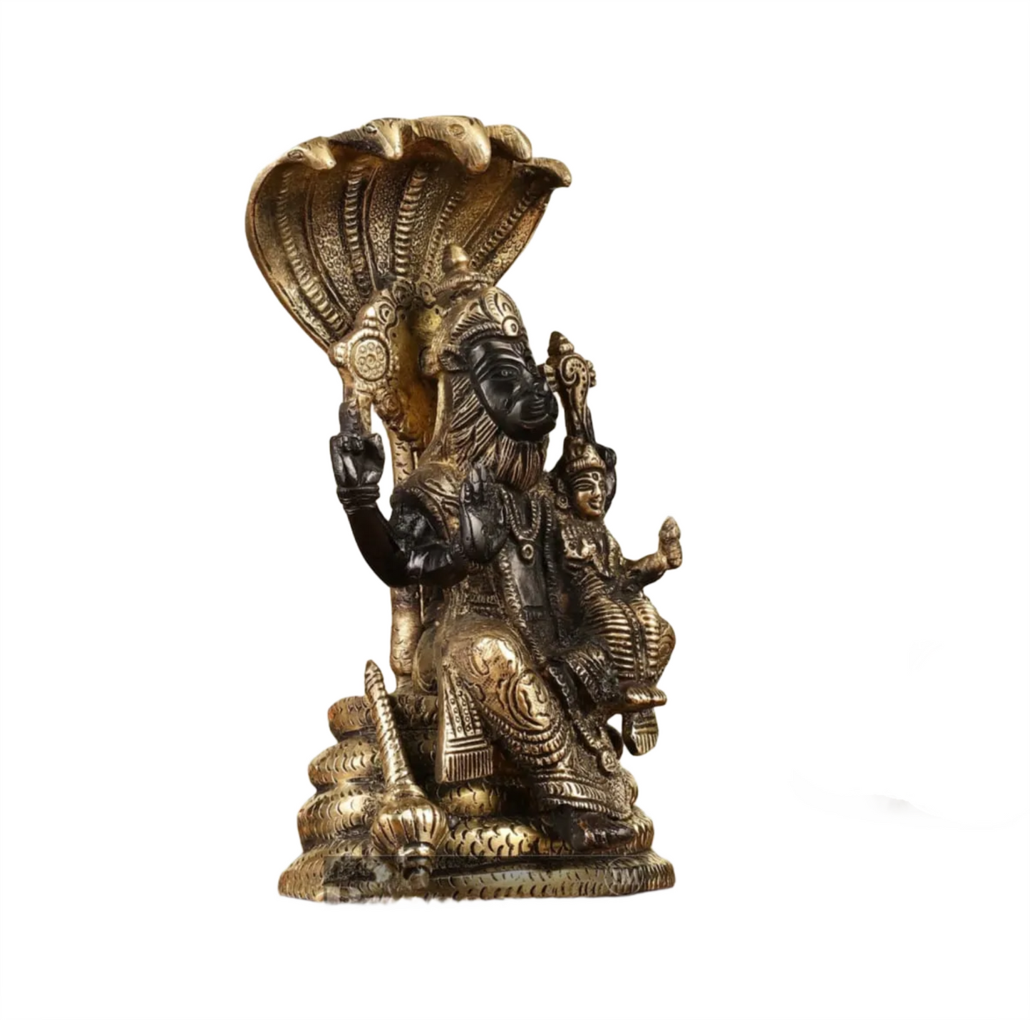 Brassaura™ Pure Brass Lord Narasimha with Goddess Lakshmi Statue – 8 Inch Height, 2.2 kg Weight | Black Gold Finish | Handcrafted Hindu Idol for Home & Temple