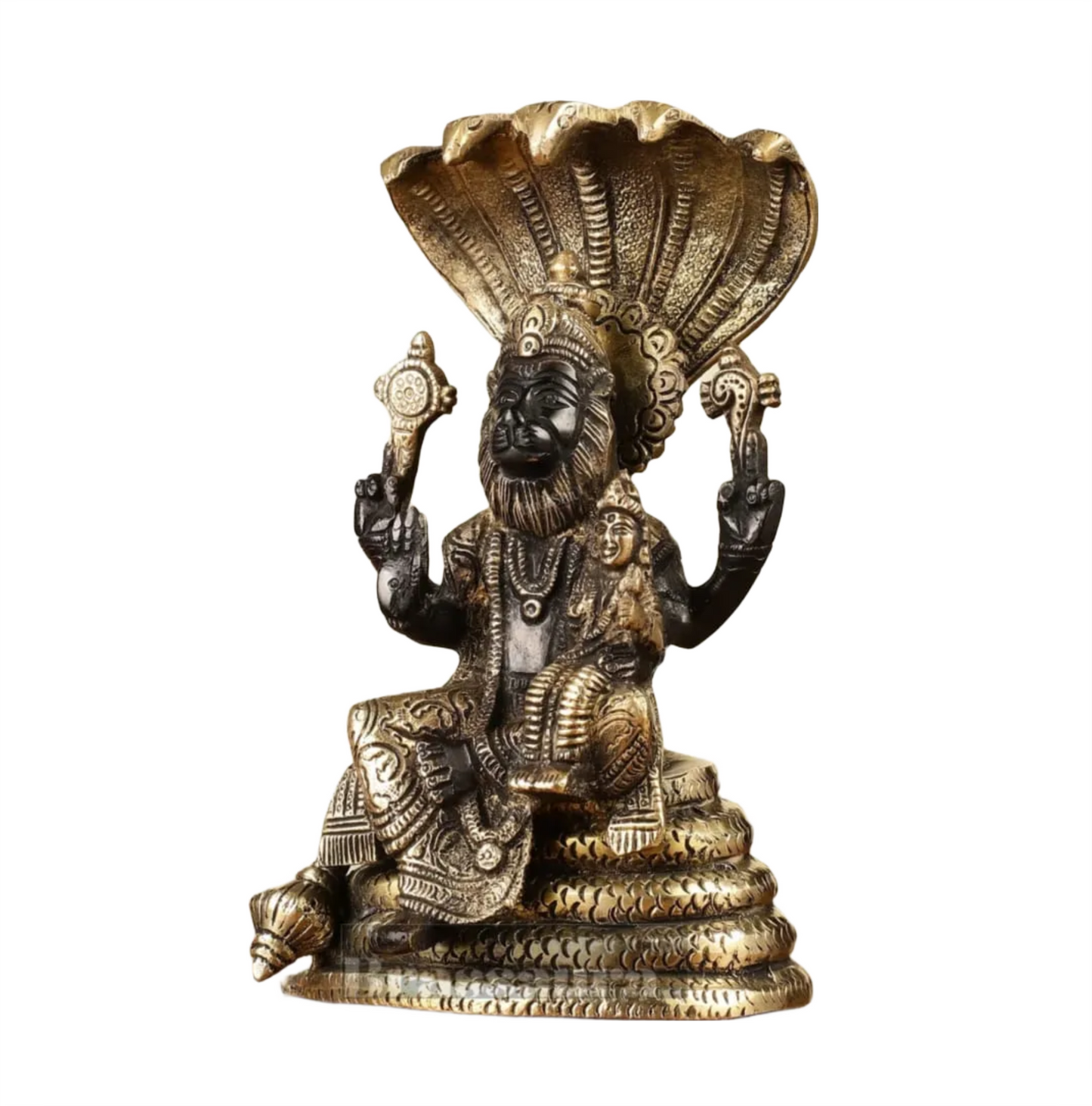 Brassaura™ Pure Brass Lord Narasimha with Goddess Lakshmi Statue – 8 Inch Height, 2.2 kg Weight | Black Gold Finish | Handcrafted Hindu Idol for Home & Temple