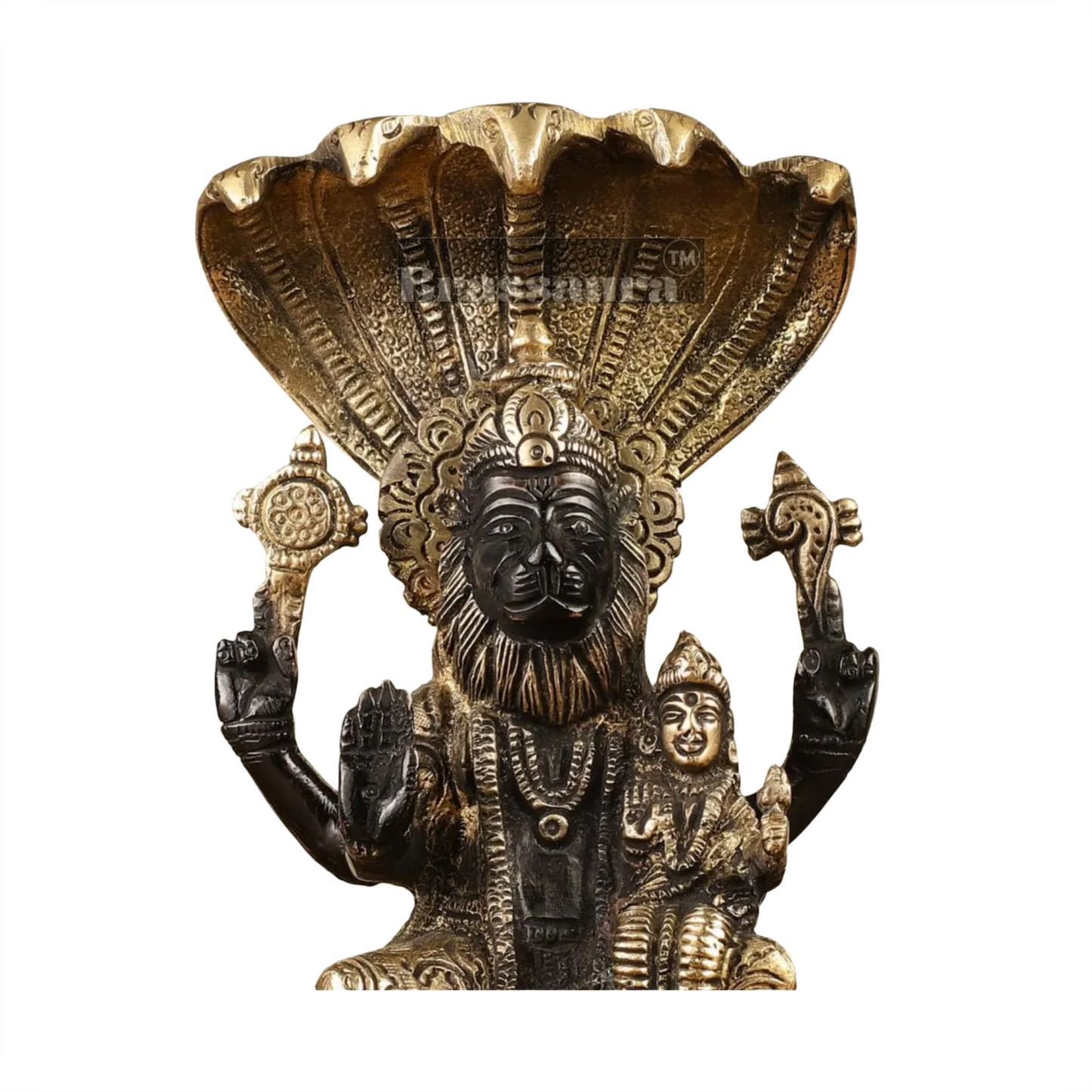 Brassaura™ Pure Brass Lord Narasimha with Goddess Lakshmi Statue – 8 Inch Height, 2.2 kg Weight | Black Gold Finish | Handcrafted Hindu Idol for Home & Temple