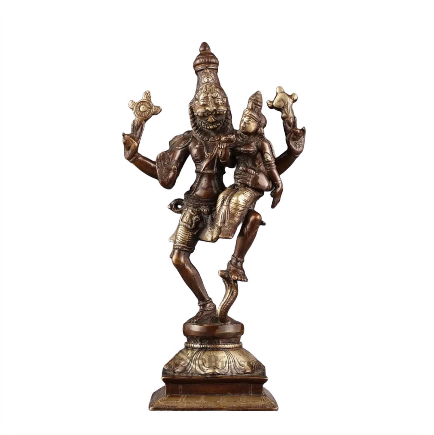 Brassaura™ Pure Brass Lord Narasimha with Goddess Lakshmi Idol – 12 Inch Height, 3 kg Weight | Handcrafted Hindu Statue for Home & Temple