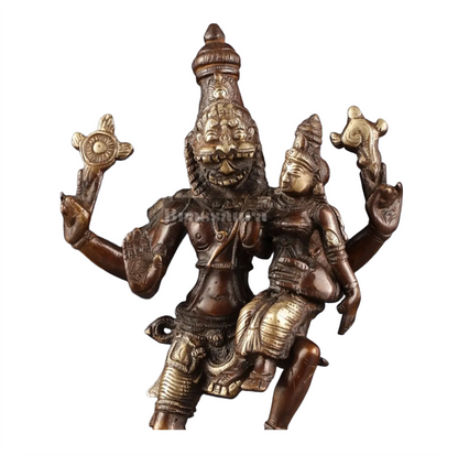 Brassaura™ Pure Brass Lord Narasimha with Goddess Lakshmi Idol – 12 Inch Height, 3 kg Weight | Handcrafted Hindu Statue for Home & Temple