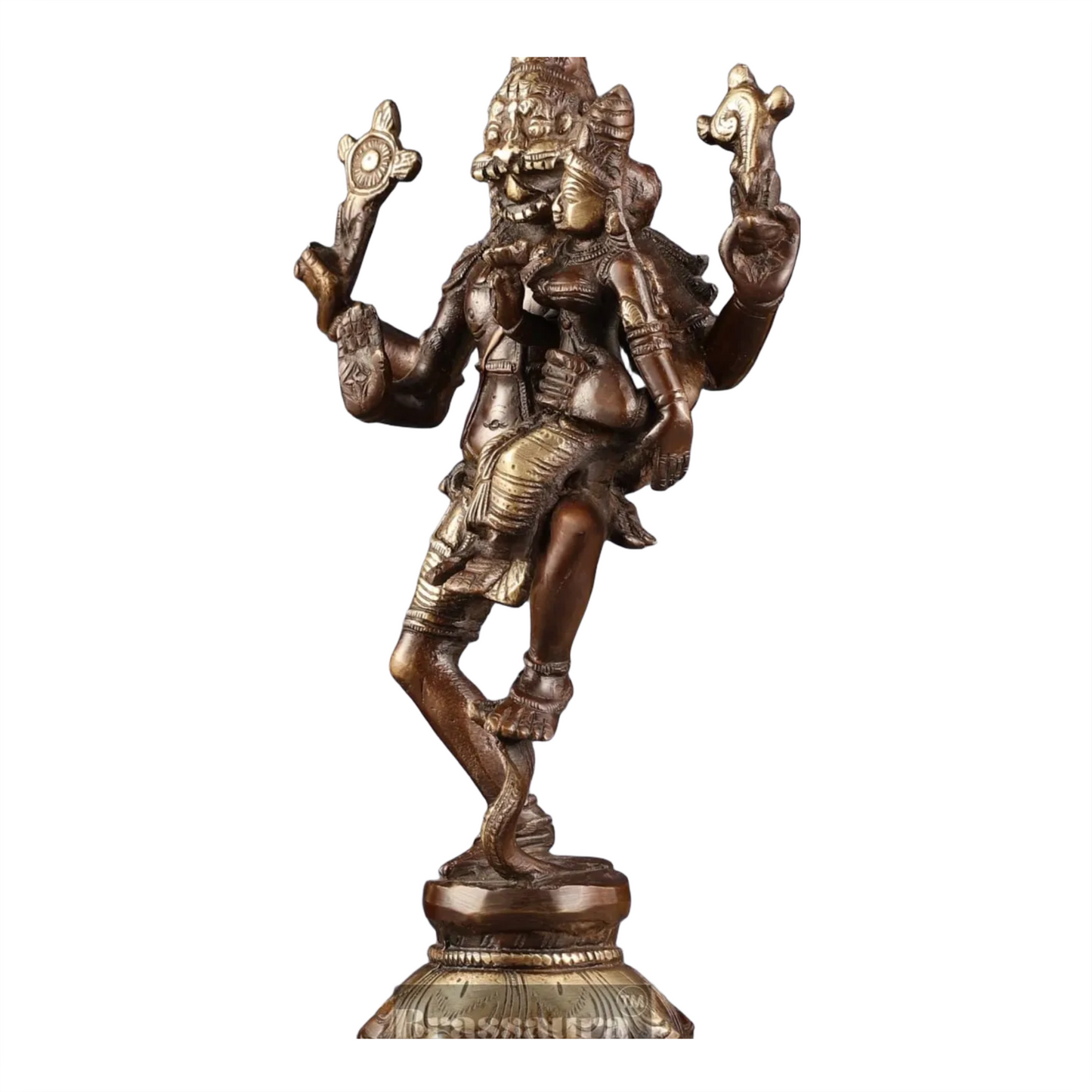 Brassaura™ Pure Brass Lord Narasimha with Goddess Lakshmi Idol – 12 Inch Height, 3 kg Weight | Handcrafted Hindu Statue for Home & Temple