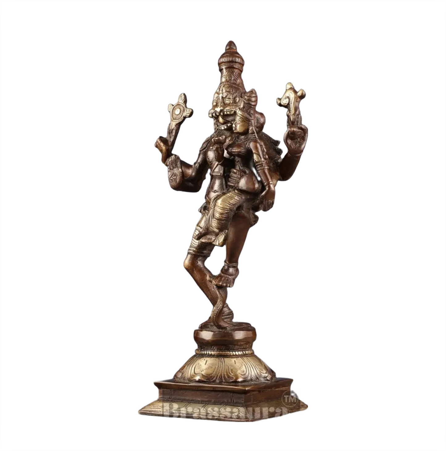 Brassaura™ Pure Brass Lord Narasimha with Goddess Lakshmi Idol – 12 Inch Height, 3 kg Weight | Handcrafted Hindu Statue for Home & Temple
