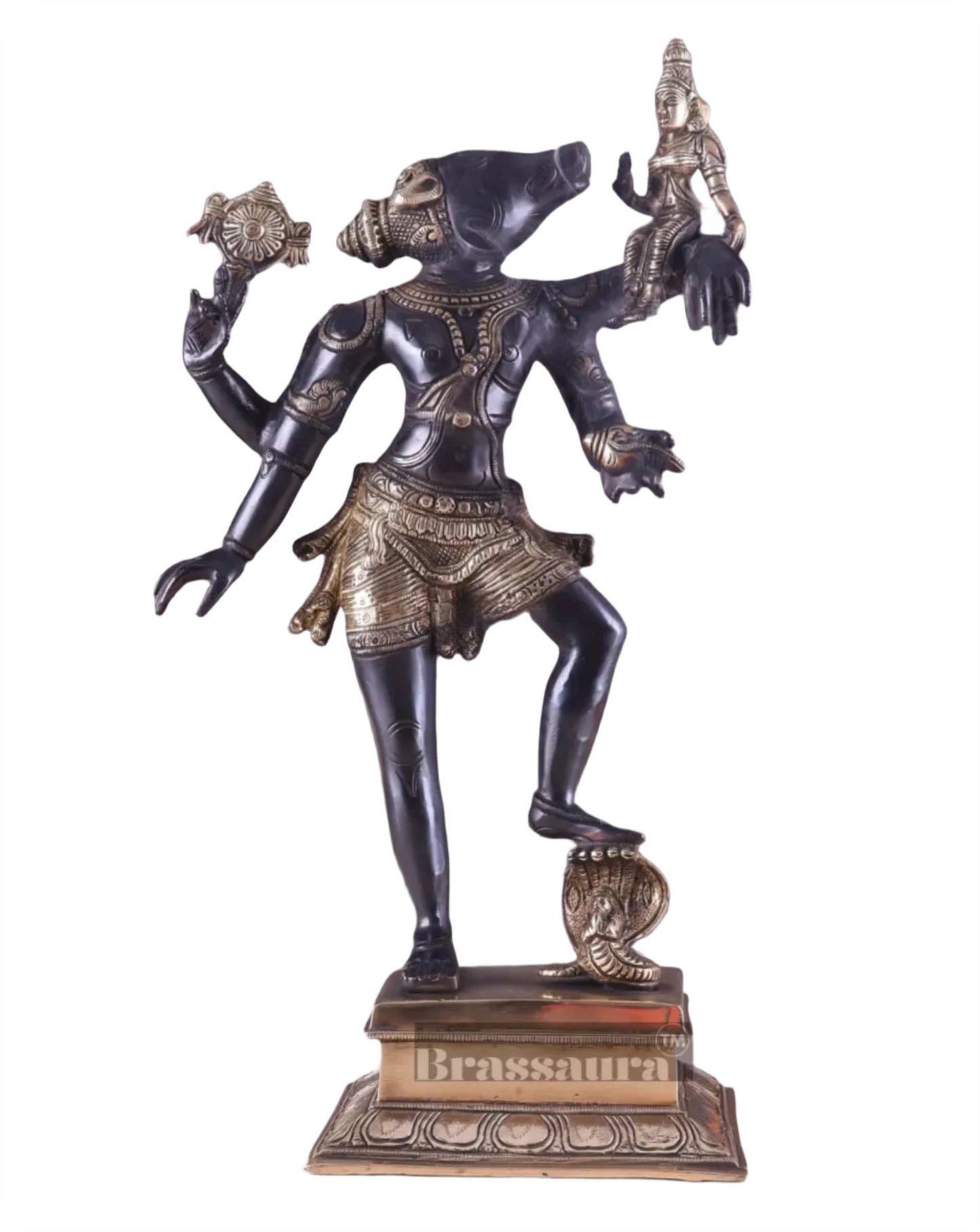 Brassaura™ Pure Brass Lord Narasimha Rescuing Bhooma Devi Idol – 17.5 Inch Height, 6.3 kg Weight | Handcrafted Hindu Statue for Pooja & Decor