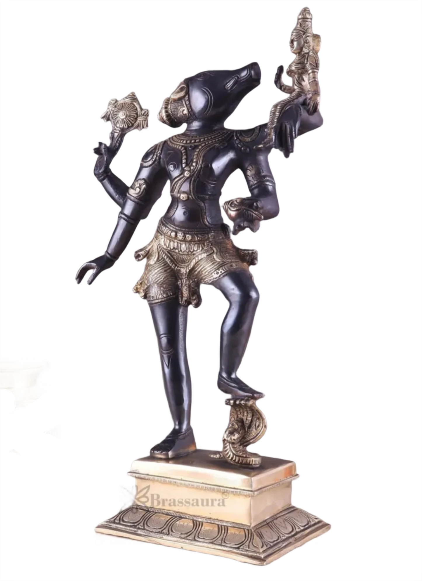 Brassaura™ Pure Brass Lord Narasimha Rescuing Bhooma Devi Idol – 17.5 Inch Height, 6.3 kg Weight | Handcrafted Hindu Statue for Pooja & Decor