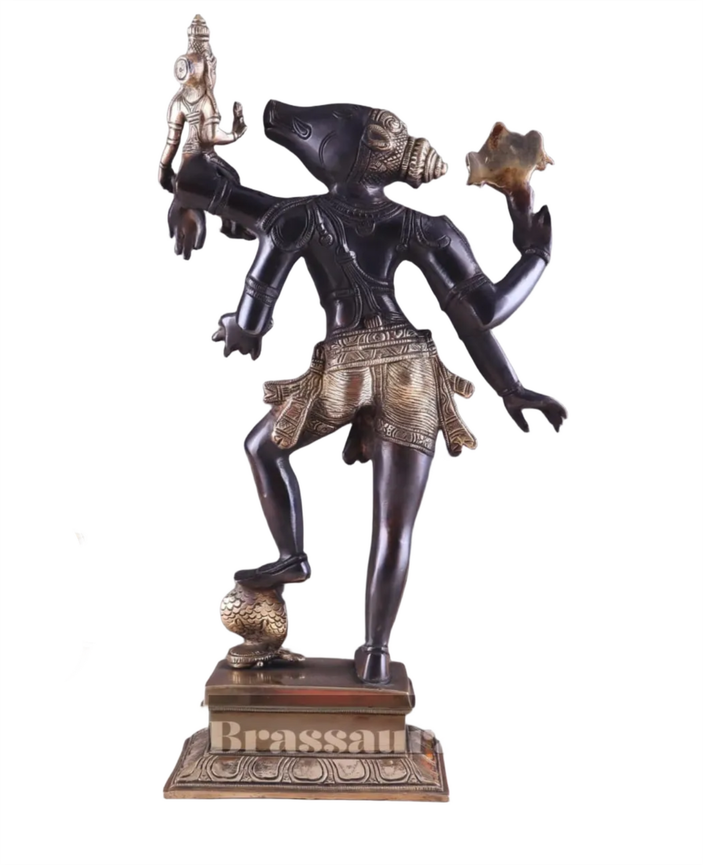 Brassaura™ Pure Brass Lord Narasimha Rescuing Bhooma Devi Idol – 17.5 Inch Height, 6.3 kg Weight | Handcrafted Hindu Statue for Pooja & Decor