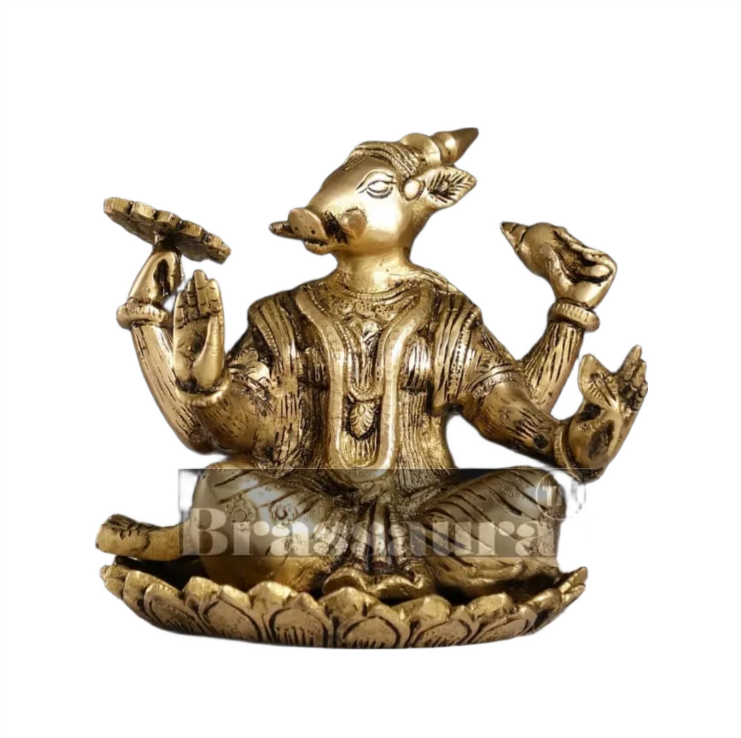 Brassaura™ Pure Brass Lord Varaha Idol – 6 Inch Height, 3 kg Weight | Handcrafted Vishnu Avatar with Boar Head & Human Body | Superfine Detailing