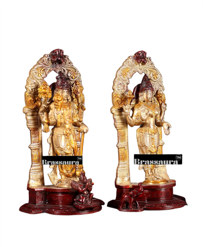 Brassaura™ Brass Idols Pair Vishnu Laxmi with Intricately Carved Prabhavalis – 9-Inch, 5kg – Handmade Hindu God Statues for Home Temple Décor