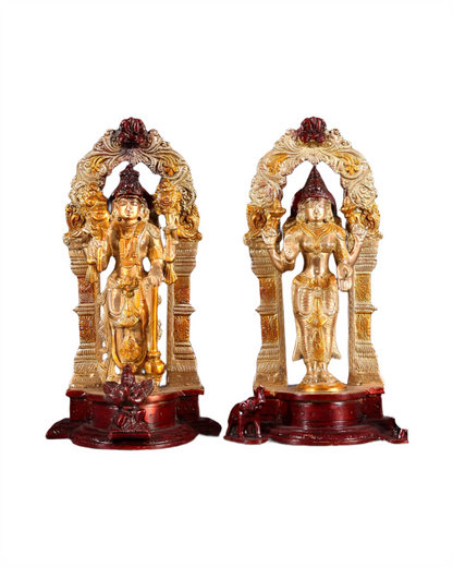 Brassaura™ Brass Idols Pair Vishnu Laxmi with Intricately Carved Prabhavalis – 9-Inch, 5kg – Handmade Hindu God Statues for Home Temple Décor