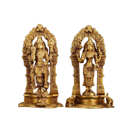 Brassaura™ Pure Brass Vishnu & Lakshmi Idol Pair with Prabhavalis – 4kg, 9-Inch – Handcrafted with Garuda & Elephants for Home Temple Décor