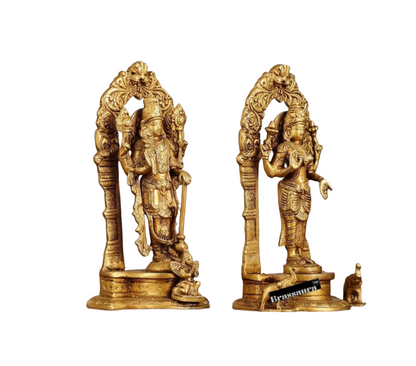 Brassaura™ Pure Brass Vishnu & Lakshmi Idol Pair with Prabhavalis – 4kg, 9-Inch – Handcrafted with Garuda & Elephants for Home Temple Décor