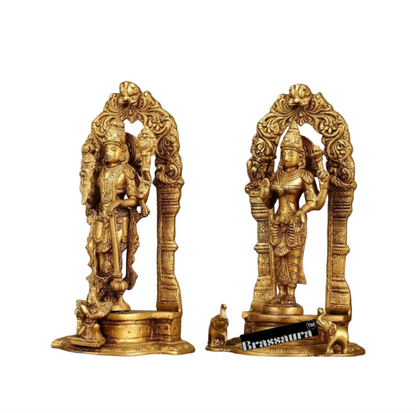 Brassaura™ Pure Brass Vishnu & Lakshmi Idol Pair with Prabhavalis – 4kg, 9-Inch – Handcrafted with Garuda & Elephants for Home Temple Décor