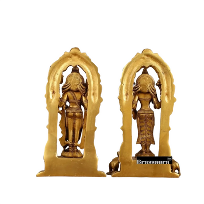 Brassaura™ Pure Brass Vishnu & Lakshmi Idol Pair with Prabhavalis – 4kg, 9-Inch – Handcrafted with Garuda & Elephants for Home Temple Décor
