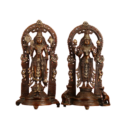 Brassaura™ 16-Inch Superfine Brass Vishnu & Lakshmi Idol Pair – 12kg – Antique Bronze Finish with Garuda & Elephants for Home Temple Décor