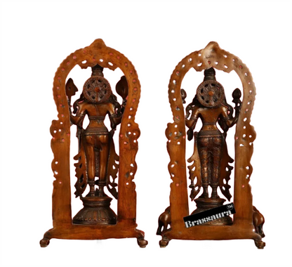 Brassaura™ 16-Inch Superfine Brass Vishnu & Lakshmi Idol Pair – 12kg – Antique Bronze Finish with Garuda & Elephants for Home Temple Décor