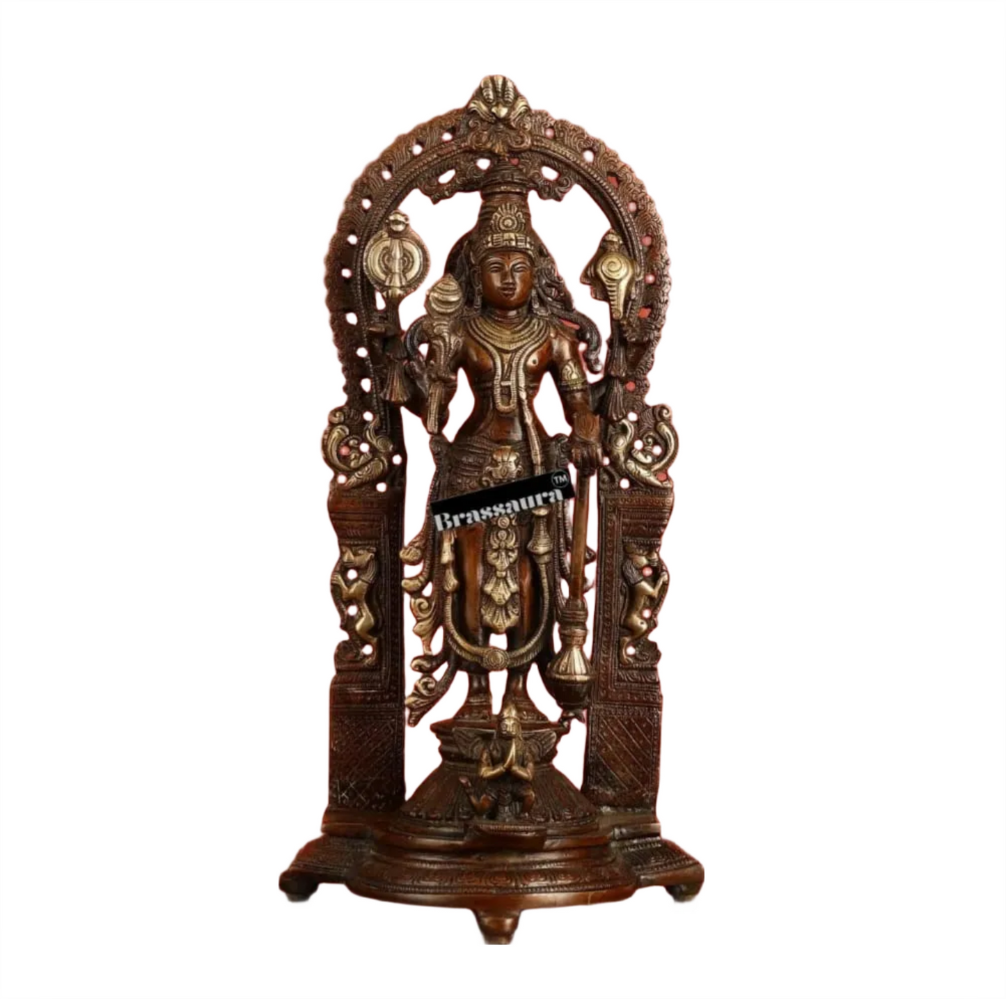 Brassaura™ 16-Inch Superfine Brass Vishnu & Lakshmi Idol Pair – 12kg – Antique Bronze Finish with Garuda & Elephants for Home Temple Décor