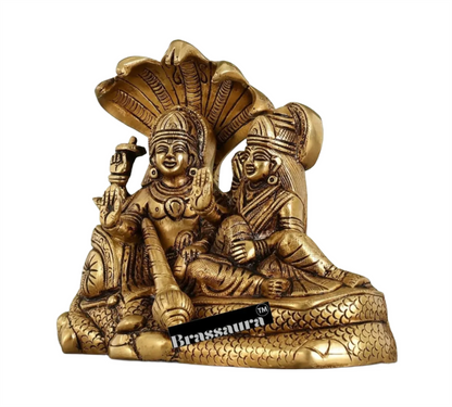 Brassaura™ Brass Vishnu & Lakshmi Idol on Sheshnag – 2.3kg, 6.5-Inch – Handcrafted Statue for Blessings & Prosperity