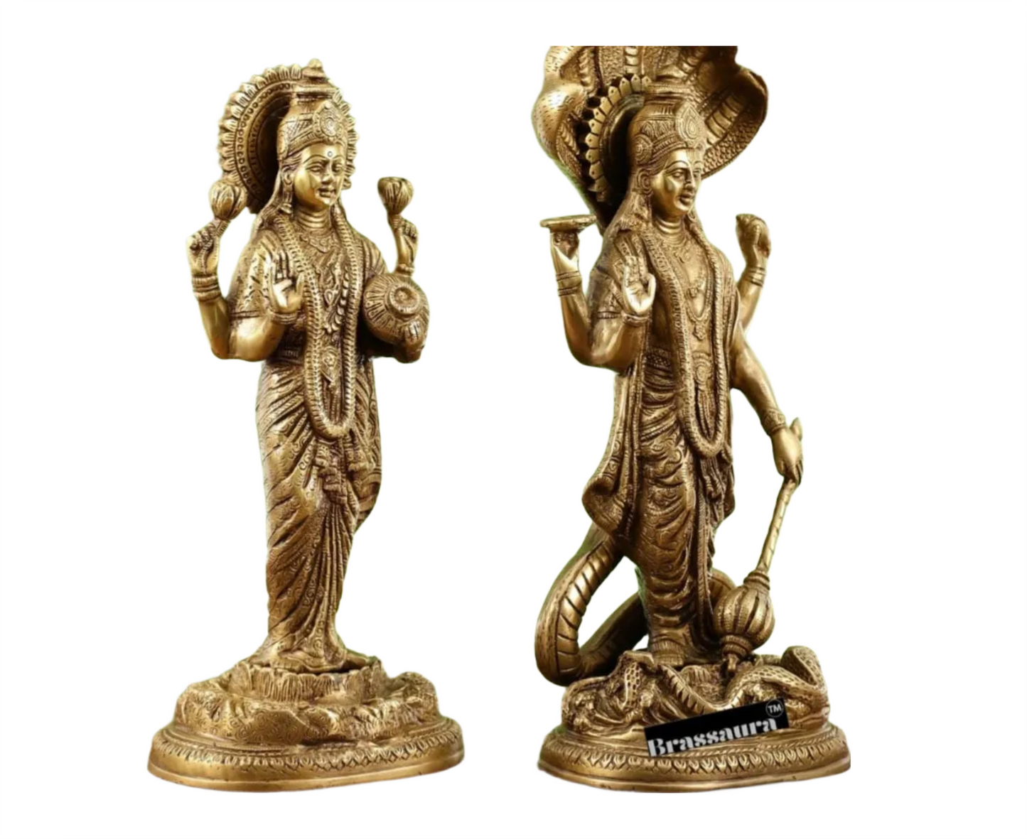 Brassaura™ Vishnu & Lakshmi Brass Idol Set – 13.79kg – 17-Inch Vishnu & 15-Inch Lakshmi – Handcrafted Statues for Wealth, Protection & Spiritual Decor