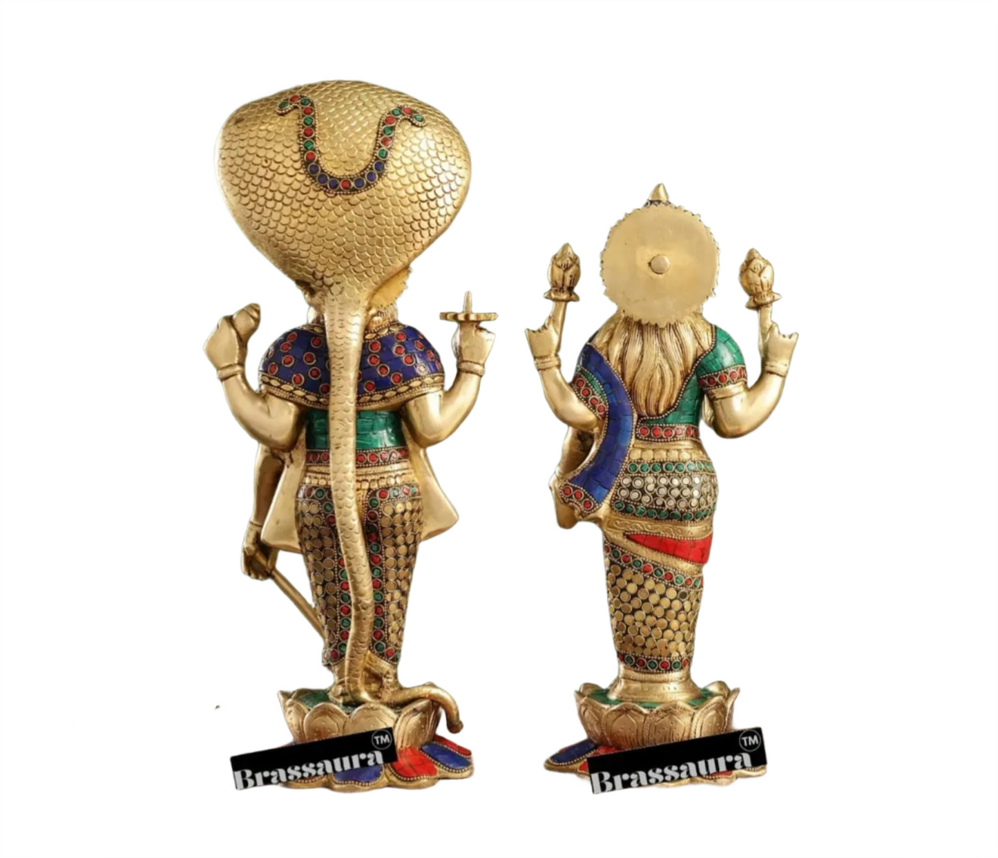 Brassaura™ Handcrafted Brass Vishnu & Lakshmi Statues – 14kg, 17-Inch – Elegant Divine Décor for Home Temple & Spiritual Spaces