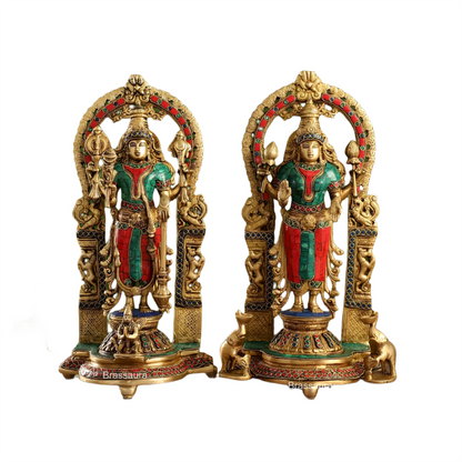 Brassaura™ Handcrafted Brass Vishnu & Lakshmi Statues – 14kg, 17-Inch – Elegant Divine Décor for Home Temple & Spiritual Spaces