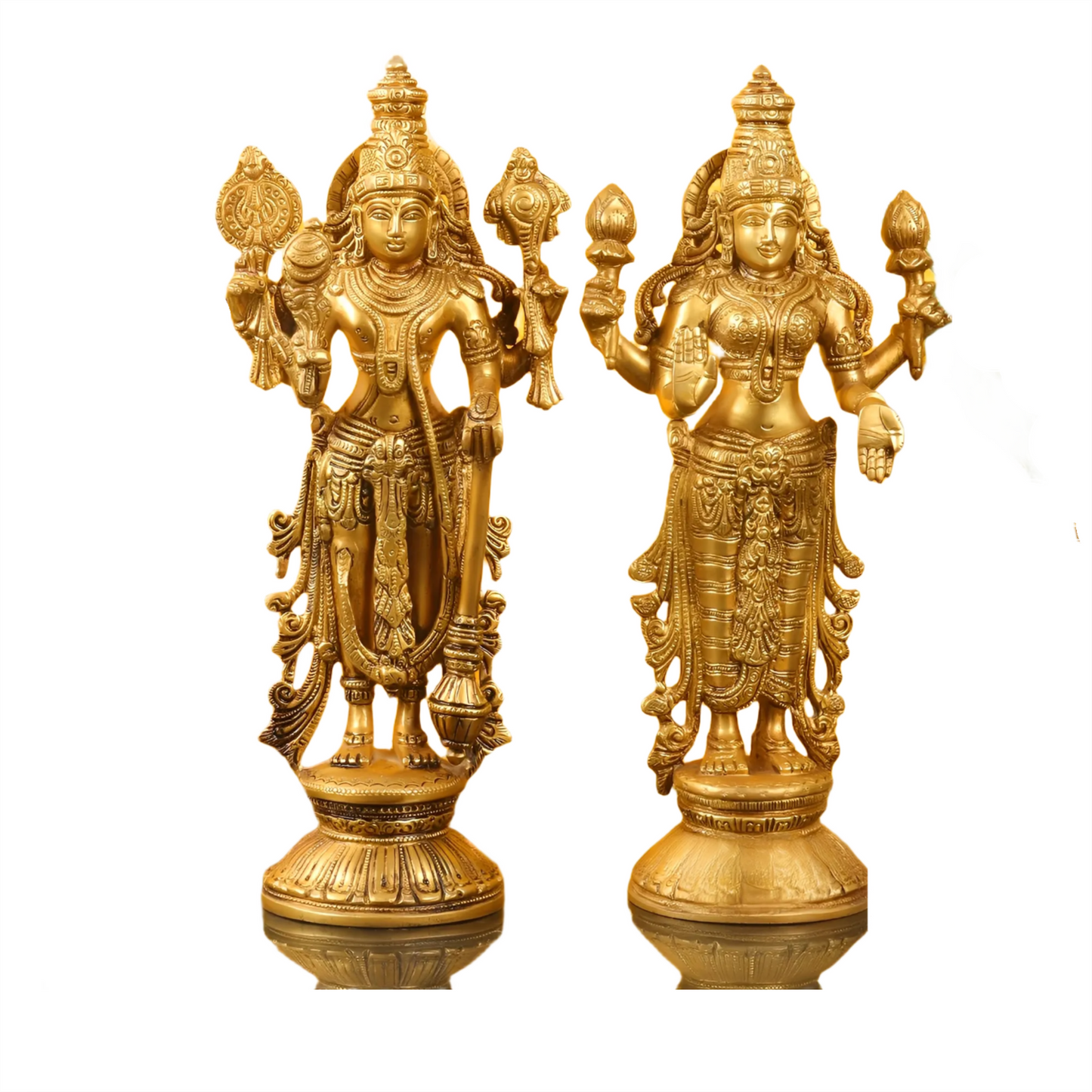 Brassaura™ Pure Superfine Brass Lord Vishnu & Goddess Lakshmi Statues – 7kg Combined, 12-Inch – Handcrafted Southern Indian Artistry