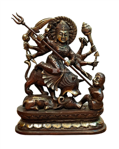 Brassaura™ Brass Goddess Durga as Mahishasura Mardini Idol – 8kg, 13.5-Inch – Fierce & Protective Divine Energy in Pure Brass