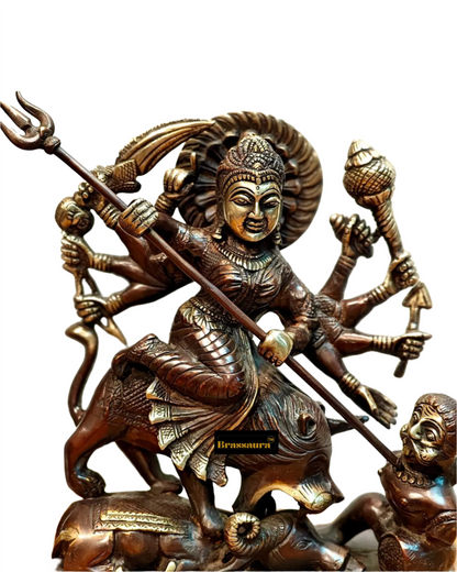 Brassaura™ Brass Goddess Durga as Mahishasura Mardini Idol – 8kg, 13.5-Inch – Fierce & Protective Divine Energy in Pure Brass