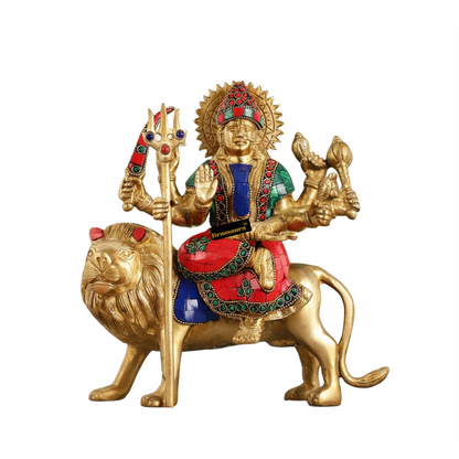 Brassaura™ Pure Brass Goddess Durga Idol – 3.5kg, 9-Inch – Golden Finish Handcrafted Statue for Protection & Prosperity