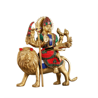 Brassaura™ Pure Brass Goddess Durga Idol – 3.5kg, 9-Inch – Golden Finish Handcrafted Statue for Protection & Prosperity
