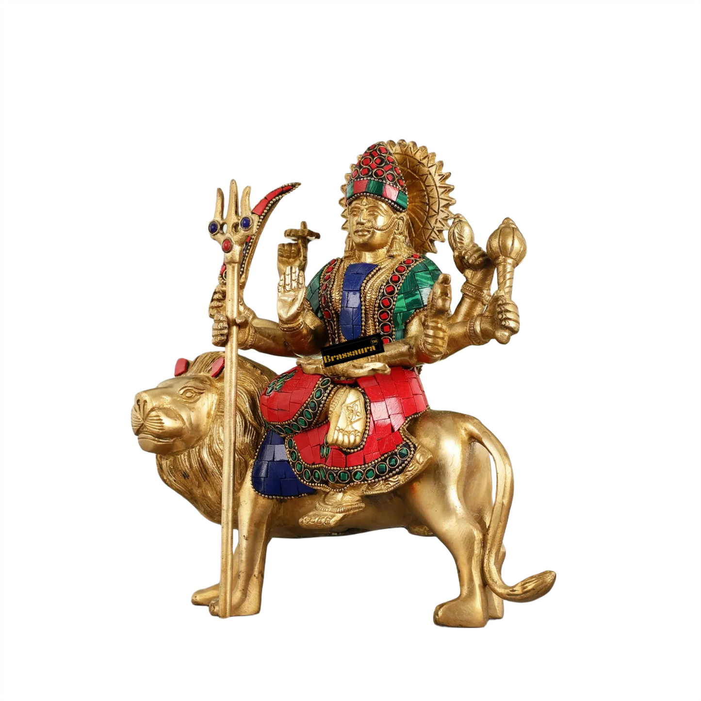 Brassaura™ Pure Brass Goddess Durga Idol – 3.5kg, 9-Inch – Golden Finish Handcrafted Statue for Protection & Prosperity