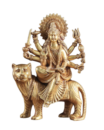 Brassaura™ 12-Inch Pure Brass Sherawali Mata Idol – 4.8kg – Handcrafted Durga Statue on Tiger for Strength & Protection