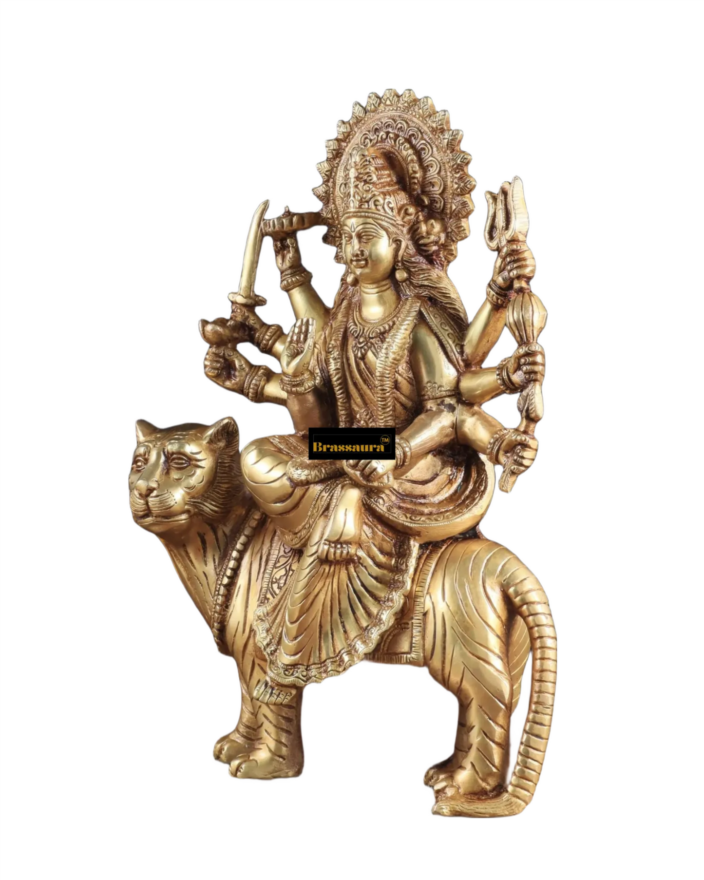 Brassaura™ 12-Inch Pure Brass Sherawali Mata Idol – 4.8kg – Handcrafted Durga Statue on Tiger for Strength & Protection
