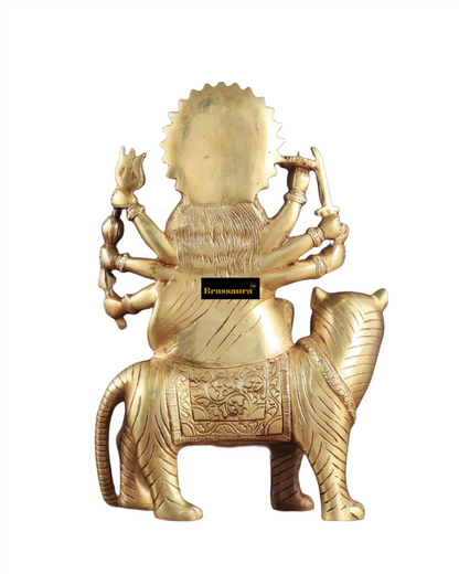Brassaura™ 12-Inch Pure Brass Sherawali Mata Idol – 4.8kg – Handcrafted Durga Statue on Tiger for Strength & Protection