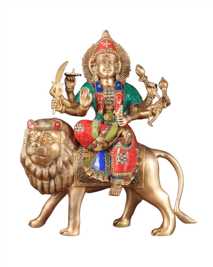 Brassaura™ 17-Inch Brass Sherawali Mata Idol with Meenakari Stonework – 12kg – Handcrafted Goddess Durga Statue for Spiritual & Decorative Spaces