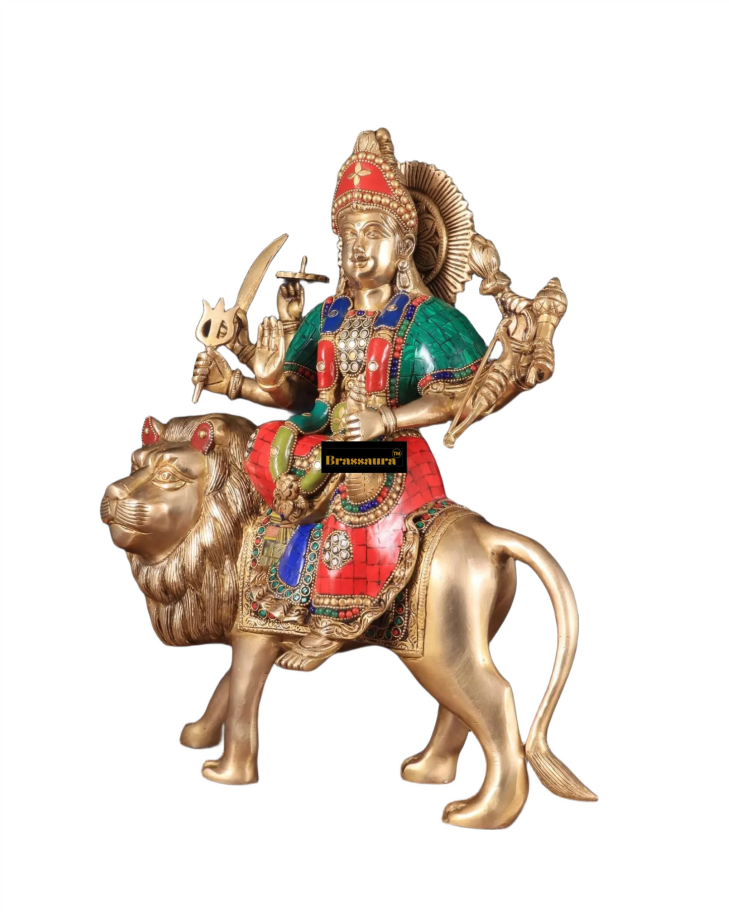 Brassaura™ 17-Inch Brass Sherawali Mata Idol with Meenakari Stonework – 12kg – Handcrafted Goddess Durga Statue for Spiritual & Decorative Spaces