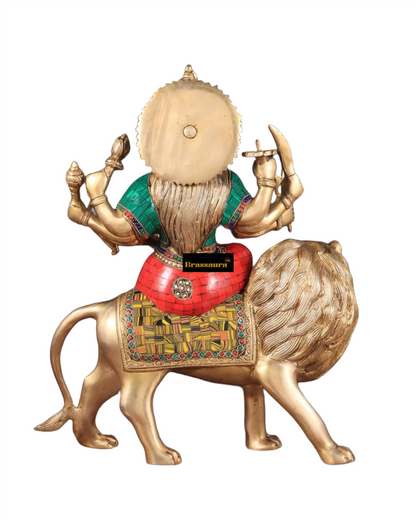 Brassaura™ 17-Inch Brass Sherawali Mata Idol with Meenakari Stonework – 12kg – Handcrafted Goddess Durga Statue for Spiritual & Decorative Spaces