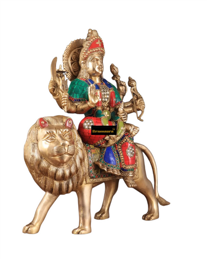 Brassaura™ 17-Inch Brass Sherawali Mata Idol with Meenakari Stonework – 12kg – Handcrafted Goddess Durga Statue for Spiritual & Decorative Spaces