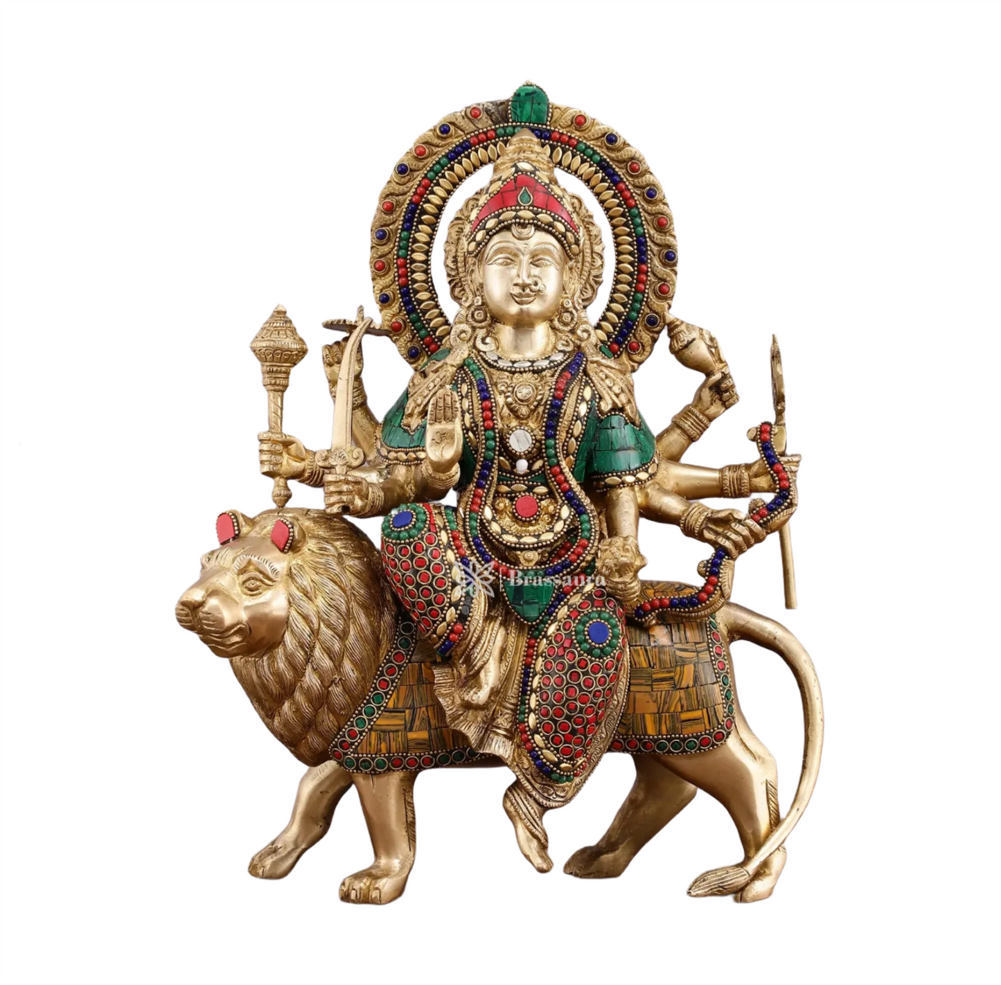 Brassaura™ 15-Inch Brass Durga Mata Idol – 10kg – Handcrafted Statue with Meenakari Stonework for Home Temple & Sacred Décor