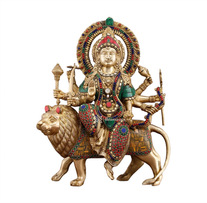 Brassaura™ 15-Inch Brass Durga Mata Idol – 10kg – Handcrafted Statue with Meenakari Stonework for Home Temple & Sacred Décor