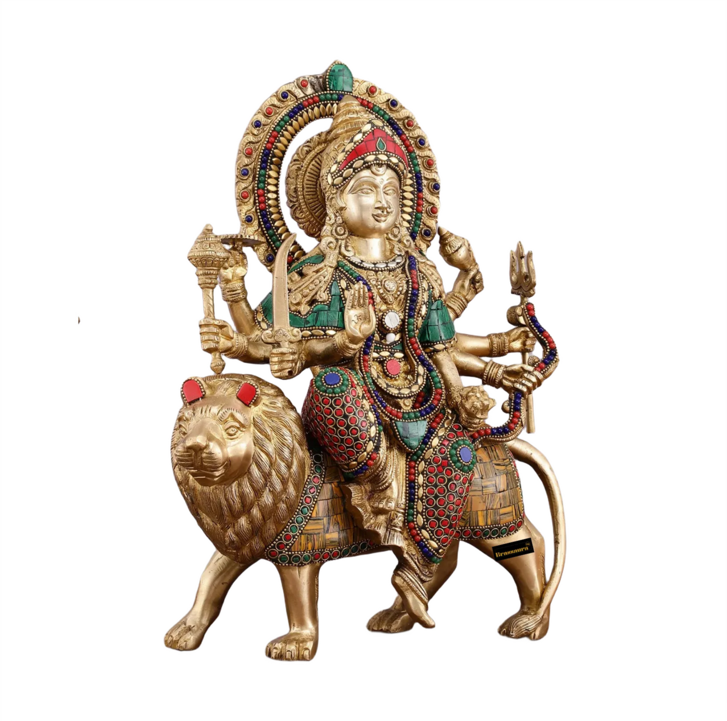 Brassaura™ 15-Inch Brass Durga Mata Idol – 10kg – Handcrafted Statue with Meenakari Stonework for Home Temple & Sacred Décor