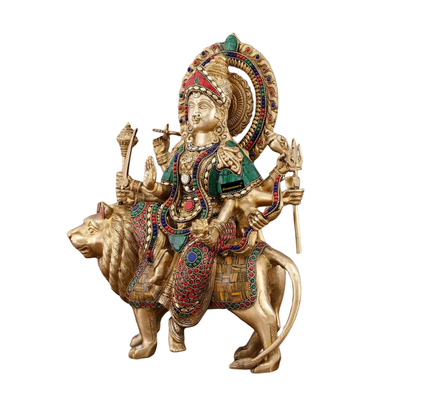 Brassaura™ 15-Inch Brass Durga Mata Idol – 10kg – Handcrafted Statue with Meenakari Stonework for Home Temple & Sacred Décor