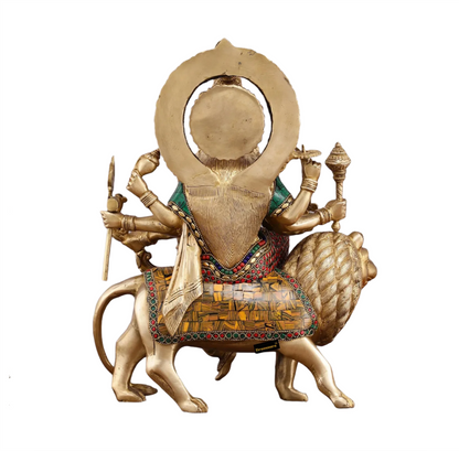 Brassaura™ 15-Inch Brass Durga Mata Idol – 10kg – Handcrafted Statue with Meenakari Stonework for Home Temple & Sacred Décor